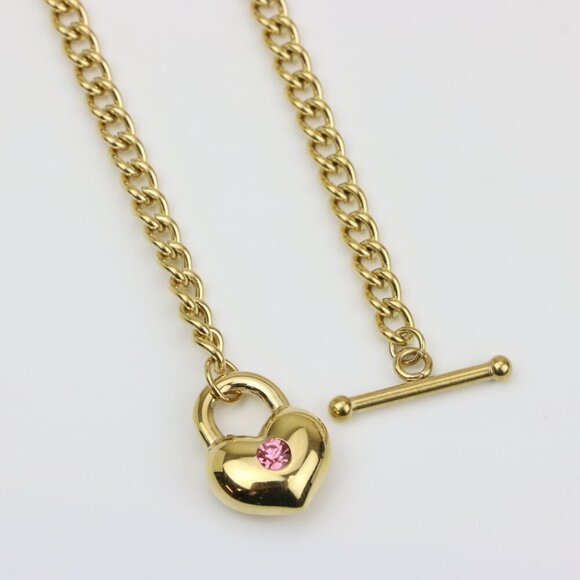 Chunky Gold Chain Necklace with Heart Pendant and Pink Stone, XPNL0372 - Picture 6 of 13